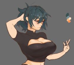 1girls alternate_hairstyle bare_midriff blue_eyes breasts byleth_(fire_emblem) byleth_(fire_emblem)_(female) cleavage cleavage_cutout female female_only fire_emblem fire_emblem:_three_houses large_breasts midriff milkbar nintendo ponytail short_hair shorts solo teal_hair