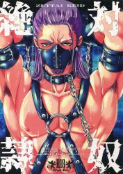 abs armpits arms_behind_head bdsm_gear bondage chains colored doujinshi dragon_quest dragon_quest_xi green_eyes harness hendrik_(dq11) katou_chakichi male purple_hair title_page zipper