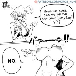 2girls alternate_breast_size areolae big_breasts big_nipples black_and_white black_hair boa_hancock female female_only funny hancock's_iconic_pose hand_on_hip huge_breasts large_breasts leaning_back long_hair marguerite nipples one_piece oroz-kun pointing short_hair small_waist text wide_hips