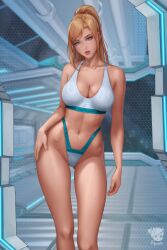 1girls absurd_res absurdres athletic athletic_female bare_arms bare_shoulders bare_thighs beauty_mark big_breasts blonde_hair blue_eyes bra breasts busty cleavage clothed clothed_female clothing female female_focus female_only fit_female hand_on_hip hand_on_own_hip high_resolution highres huge_filesize large_filesize legs light-skinned_female light_skin long_hair metroid navel nintendo panties ponytail prywinko samus_aran solo solo_female solo_focus sports_bra standing stomach thighs thin thin_female thin_legs underwear very_high_resolution