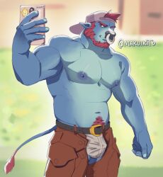 anthro backwards_baseball_cap backwards_hat baseball_cap beard bovid bovine bulge cattle clothing crotchless_clothing facial_hair facial_piercing hat headgear headwear hi_res male mammal maruikito muscular nipples nose_piercing nose_ring piercing ring_piercing selfie shirtless underwear