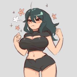 1girls :3 bare_thighs black_eyes breasts byleth_(fire_emblem) byleth_(fire_emblem)_(female) chibi cleavage cleavage_cutout female female_only fire_emblem fire_emblem:_three_houses happy large_breasts medium_hair milkbar nintendo shorts smile solo teal_hair thighs