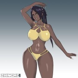 bikini bleach breasts dark-skinned_female erect_nipples erect_nipples_under_bikini erect_nipples_under_swimsuit female highres hourglass_figure large_breasts shihouin_yoruichi solo swimsuit voluptuous zhingmei