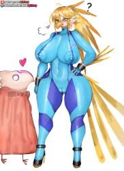 1girls blonde_hair blush blushing bodysuit chozo female gigantic_breasts girlsay huge_breasts hybrid metroid monster_girl ponytail samus_aran zero_suit zero_suit_samus