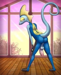 anthro anus ass balls butt_focus cowardlion generation_8_pokemon genitals hi_res humanoid_genitalia humanoid_penis inteleon male nintendo penis pink_anus pokemon pokemon_(species) shaded soft_shading solo standing video_games window wood_floor