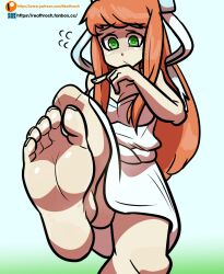 1girls barefoot doki_doki_literature_club feet feet_up foot_fetish foot_focus looking_down monika_(doki_doki_literature_club) reathroch socks_removed thighs toes