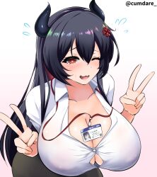 ass big_ass big_breasts black_hair breasts breasts_bigger_than_head breasts_out comdost_(vtuber) cumdare demon demon_horns embarrassed long_hair peace_sign red_eyes simple_background twitch twitter virtual_youtuber white_background white_body white_skin youtube youtuber