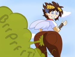 1boy big_ass big_butt embarrassed fart fart_cloud farting farting_at_viewer femboy full_of_gas gassy gassy_male huge_ass jeans kid_icarus large_ass looking_back loud_fart male male_only nintendo pit pit_(kid_icarus) tight_jeans umbrecrazy yoshizilla