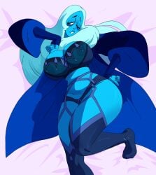 1girls areolae areolae_visible_through_clothing bedroom_eyes big_breasts blue_body blue_diamond_(steven_universe) blue_eyes blue_hair blue_skin breasts breasts_bigger_than_head cartoon_network curvaceous curvy female female_only gem_(species) gown hand_on_breast hand_on_hip hi_res highres huge_breasts humanoid inker_comics inkershike large_areolae large_breasts laying_down laying_on_back laying_on_bed legs lingerie long_hair long_sleeves looking_at_viewer looking_away robe smile smiling solo solo_female steven_universe stockings thick_thighs thighs underwear voluptuous