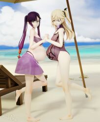 2girls barefoot beach blonde_hair breasts female female_only fischl_(genshin_impact) genshin_impact green_eyes grey_eyes hdddestroyer holding_hands looking_at_viewer mona_(genshin_impact) pov pregnant purple_hair smile standing_on_one_leg swimsuit twintails