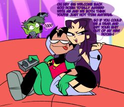 1girls 2boys 2d beast_boy big_breasts black_hair blackfire cartoon_network dc dc_comics dick_grayson english_text garfield_logan komand'r light-skinned_female light-skinned_male light_skin male pixelzsinful purple_eyes purple_hair robin_(dc) robin_(dick_grayson) robin_(teen_titans_go!) speech_bubble tagme teen_titans teen_titans_go text