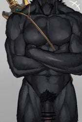 1boy 2022 abs anthro balls ballsack bar_censor black_fur body_fur censored circumcised crossed_arms faceless_male felid flaccid_penis genitals humanoid_genitalia humanoid_penis ineffective_censorship inubikko male male_only male_pubic_hair mammal masculine melee_weapon muscles muscular_male navel pantherine pecs penis pubes scrotum sheathed_weapon simple_background smooth_fur solo standing sword tagme testicles torso_shot weapon