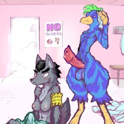 angry anthro aroused avian bird blush breasts canid canine canis clothed clothing duo erection female forced futanari genitals green_hair gynomorph hair hi_res intersex male male/female mammal nude parrot penis shower small_breasts spiked_penis spikes spikes_(anatomy) topless towel wolf