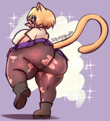 animal_humanoid anus ass big_breasts big_butt blonde_hair bodily_fluids bottomwear breasts cat_humanoid clothed clothing felid felid_humanoid feline feline_humanoid female hair hi_res huge_breasts humanoid legwear looking_at_viewer looking_back mammal mammal_humanoid musk neco-arc nipple_outline not_furry presenting simple_background skirt smuttysquid solo sweat sweaty_anus sweaty_butt thick_thighs topwear video_games wide_hips