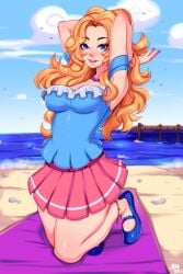 1girls 5-ish arms_behind_head beach big_breasts blonde_female blonde_hair blonde_hair_female blue_eyes breasts female female_only haley_(stardew_valley) light-skinned_female light_skin long_hair looking_at_viewer skirt stardew_valley