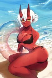 akumi beach bikini bikini_bottom bikini_top black_clothing oni oni_horns red_skin scar scars virtual_youtuber vtuber vyugen white_hair yellow_eyes yoclesh