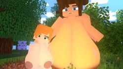 3d 3d_(artwork) alex_(minecraft) areolae breast_size_difference breasts breasts_to_breasts breasts_touching cubanapple dark_areola dark_nipples height_difference julia_(cubanapple) large_breasts mine-imator minecraft sagging_breasts size_difference square_head