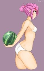 1girls artist_name ass bra butt doki_doki_literature_club female food gray_background looking_at_viewer natsuki_(doki_doki_literature_club) otxoa60 panties pink_eyes pink_hair ponytail smile smiling smiling_at_viewer solo watermelon white_bra white_panties