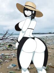 1girls ass beach big_ass big_breasts bikini black_hair breasts bubble_butt cropped date ear_piercing earrings female female_only goth hat huge_ass looking_at_viewer looking_back original original_character piercing saltynoodles swimsuit thick_thighs trash veronica_(saltynoodles) white_skin wide_hips