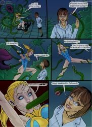 blonde_hair blue_eyes brown_eyes brown_hair carnivorous_plant glasses helpless_superheroine high_heels labcoat laboratory lunagirl mouth_gag plants scientist superheroine tentacle tentacle_gag thighhighs