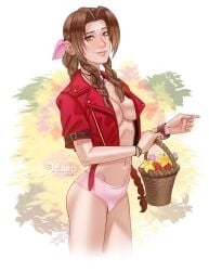 1girls aerith_gainsborough andava basket braid braided_hair braided_twintails breasts brown_hair female final_fantasy final_fantasy_vii flower flower_basket flowers green_eyes human icaroart looking_at_viewer medium_breasts open_shirt panties shirt shirt_open smile smiling smiling_at_viewer solo solo_female twin_braids twintails