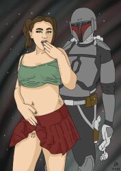 1boy 1boy1girl 1girls aurebesh belly_button_piercing belly_piercing breasts dmsketch dmsketch94 female green_eyes green_topwear handcuffs lift_skirt male man_behind mandalorian nose_piercing pose red_skirt shocked shocked_expression sketch skirt skirt_lift standing_behind star_wars tattoo tattoos the_mandalorian twintails unseen_male_face warrior