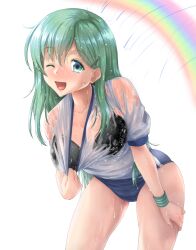 aqua_eyes aqua_hair black_bra blue_buruma bra breasts buruma cocoa_(cocoa0191) female gym_shirt gym_uniform hair_between_eyes hair_ornament hairclip kantai_collection large_breasts long_hair looking_at_viewer one_eye_closed open_mouth rainbow see-through shirt short_sleeves smile solo suzuya_(kantai_collection) underwear wet wet_clothes white_shirt