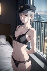 1girls ai_generated bed black_lingerie chainsaw_man city earrings fami_(chainsaw_man) hat hotel_room lingerie looking_at_viewer medium_breasts moles night partially_nude petite seductive standing white_hair yellow_eyes