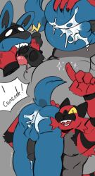 after_anal anal anthro anus ass_visible_while_carried balls blue_body blue_fur bodily_fluids comic cum cum_in_ass cum_inside duo erection fighting_ring fur gay generation_4_pokemon generation_7_pokemon genital_fluids genitals hi_res incest incineroar knightferret lucario male male/male male_only muscular muscular_anthro muscular_male nintendo nipples one_eye_closed oral pecs penis pokemon pokemon_(species) red_body red_fur video_games wink yaoi