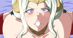 blush edelgard_von_hresvelg fire_emblem fire_emblem:_three_houses furrowed_brow gritted_teeth horns nintendo offscreen_character offscreen_sex out-of-frame_censoring penetration_from_behind post-timeskip purple_eyes splits spread_legs struggling tonsuke white_hair