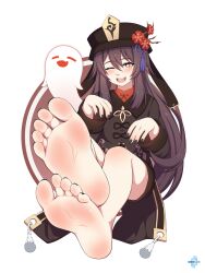 barefoot black_nails boo_tao_(genshin_impact) feet fetish foot_fetish foot_focus genshin_impact hu_tao_(genshin_impact) looking_at_viewer lululewd smiling_at_viewer soles toes winking_at_viewer