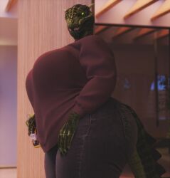 anthro argonian bethesda_softworks big_ass big_breasts breasts coolmaster98 deeja denim denim_clothing denim_jeans female jeans obese obese_female red_sweater scalie scalie_female scalie_only skyrim sweater tagme the_elder_scrolls