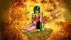 big_breasts camel_toe cameltoe cape city_background cityscape dc dc_comics earrings explosive_background exposed fat_pussy female fingerless_gloves gotham_city green_fingernails green_hair green_lipstick green_mask green_panties hero_outfit laying_down laying_on_rooftop laying_on_side masked_female nipple_bulge on_rooftop pink_skin puffy_pussy pussy_outline pussy_peek red_tipped_gloves robin_(dc) robin_(dc)_(other) rooftop rule_63 short_hair sitting sitting_on_rock spiked_gloves straight_haie superhero superheroine talon68 topwear utility_belt yellow_cape yellow_collar