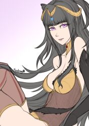 1girls bangs black_hair bodystocking breasts cleavage female female_only ferdnayart fire_emblem fire_emblem_awakening goddess long_hair looking_at_viewer medium_breasts nintendo purple_eyes solo tharja_(fire_emblem) thighhighs very_long_hair