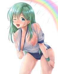 aqua_eyes aqua_hair areola_slip blue_buruma blush breasts buruma cocoa_(cocoa0191) covered_nipples female gym_shirt gym_uniform hair_between_eyes hair_ornament hairclip kantai_collection large_breasts long_hair looking_at_viewer one_eye_closed open_mouth rainbow see-through shirt short_sleeves smile solo suzuya_(kantai_collection) wet wet_clothes white_shirt