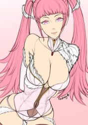 1girls alternate_costume ass_visible_through_thighs bare_thighs breasts cleavage female female_only ferdnayart fire_emblem fire_emblem:_three_houses goddess hilda_valentine_goneril large_breasts long_hair nintendo panties pink_eyes pink_hair pink_panties smile solo thighs twintails underwear very_long_hair