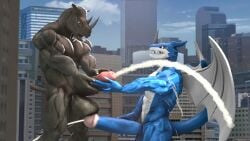 3d_(artwork) anthro balls bandai_namco big_balls big_penis blue_body bodily_fluids building city claws cum digimon digimon_(species) digital_media_(artwork) dragon duo erection exveemon genital_fluids genitals grey_body hi_res huge_balls huge_cock humanoid humanoid_genitalia humanoid_penis kaiju macro male male/male mammal muscular muscular_male mythological_creature mythological_scalie mythology nude open_mouth pecs penile penis reptile rhinoceros scalie sex source_filmmaker_(artwork) tail widescreen wings yeeboo18