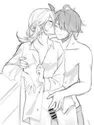 2boys alhaitham_(genshin_impact) censored_genitalia censored_penis censored_pussy cuntboy from_behind gay genshin_impact kaveh_(genshin_impact) kissing male male_only partially_clothed romantic standing vaginal_penetration wholesome yaoi
