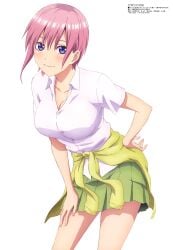 1girls absurd_res asymmetrical_sidelocks blue_eyes blush breasts cleavage clothes_around_waist dress_shirt female_focus go-toubun_no_hanayome hair_between_eyes highres huge_breasts jacket jacket_around_waist large_breasts looking_at_viewer megami_magazine nakamura_michinosuke nakano_ichika official_art pink_hair school_uniform shirt short_hair sidelocks simple_background smile solo sweater white_background white_shirt