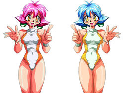 1990s 1997 20th_century 2girls blush breasts cameltoe cleavage drum_(lamune) eyeball_(artist) female female_only hyper_eyes knights_of_ramune multiple_girls ng_knight_lamune_&_40 nipples smile vs_knight_ramune_&_40_fire