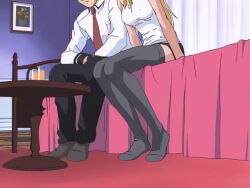1boy 1girls 2001 animated arm_support bed bible_black bible_black_night_of_the_walpulgiss blonde_hair breasts brown_hair curtains drink female green_eyes high_ponytail large_breasts legs long_hair minase_taki necktie ponytail purple_eyes saeki_kaori school_uniform short_hair skirt sleeveless smile table tagme thighhighs thighs