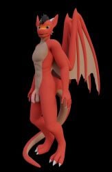 3_toes anthro balls dragon feet folded_wings genitals hi_res kwratser looking_at_viewer male mythological_creature mythological_scalie mythology nude_anthro penis red_body scalie smile solo standing tail toes wings