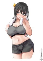 alternate_costume bike_shorts black_hair black_shorts blush bow bra breasts breath collarbone cowboy_shot cropped_legs ebifurya eyebrows_visible_through_hair female grey_bra hair_between_eyes hair_ribbon hairbow highres kantai_collection large_breasts long_hair looking_at_viewer multicolored_hair naganami_(kantai_collection) navel oerba_yun_fang one-hour_drawing_challenge open_mouth pink_hair ribbon short_shorts shorts simple_background skin_fang solo sports_bra sportswear sweat towel twitter_username two-tone_hair underwear wavy_hair white_background wiping_sweat yellow_bow yellow_eyes yellow_ribbon