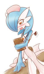 alternate_version_available anthro blue_hair blush chest_spike clipboard cowgirl_position flat_chest furry game_freak gardevoir holding_clipboard neichii no_breasts nurse nurse_cap pokemon pokemon_(species) red_eyes shiny_pokemon short_blue_hair sketch stethoscope straight_hair white_background