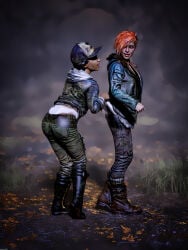 2girls 3d 3d_(artwork) 3d_model ass baseball_cap black_hair boots clementine_(the_walking_dead) clothed clothing dark-skinned_female dark_skin daz3d daz_studio female female_focus female_only fully_clothed hat headwear jacket light-skinned_female light_skin looking_at_partner looking_back medium_hair minerva_(the_walking_dead) non-nude orange_hair panties panties_visible redhead redhead_female short_hair the_walking_dead the_walking_dead:_the_final_season the_walking_dead_game underwear wedgie wedgie_fetish wedgied_female white_panties