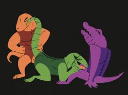3_toes 4_fingers all_fours anal anthro black_background clothing crocodilian dylan_(ufo_50) facial_scar feet fingers forked_tongue green_body green_scales group group_sex hand_on_hip humanoid knee_grab leg_grab leotard lizard lizardman long_tail looking_at_another looking_at_butt looking_pleasured male male/male muscular oral orange_body orange_scales orlok_(ufo_50) osteoderms pecs purple_body purple_scales reptile scales scalie scar segmented_tail sex sharp_fingers sharp_teeth short_tail simple_background simplistic_feet sitting smile spitroast standing standing_sex tail tail_grab teeth textured threesome thyme_(ufo_50) toes tongue trio ufo_50 vickydanne