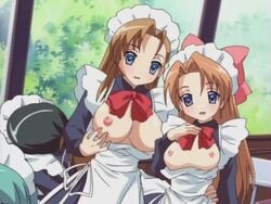 2girls bb blush breasts cap female female_only large_breasts maid multiple_girls nipples smile source_request