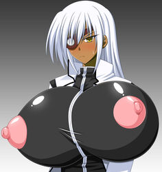 blush breasts cleavage dark_skin eye_patch genzaburoh gigantic_breasts highres huge_breasts nipples puffy_nipples