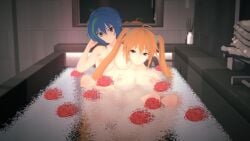 2girls 3d 3d_model bath bath_towel bathing bathing_together blue_hair female_only friends green_strand_of_hair high_school_dxd inside_bathtub koikatsu koikatsu_(medium) koillusion large_breasts light_brown_hair mirror nude_female purple_eyes rose_petals roses shidou_irina twintails twintails_(hairstyle) xenovia_quarta yellow_eyes