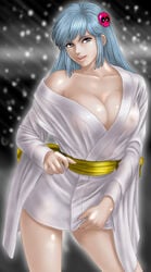 1girls 2010 blue_eyes blue_hair breasts cleavage collarbone dororon_enma-kun female hair_ornament highres japanese_clothes kimono long_hair nail_polish nipples purple_eyes see-through smile snow solo toten_(artist) yuki_onna yukiko_hime